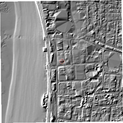 Shaded relief map of the ground around BS231AX, computed from Environment Agency LiDAR. The ground here sits at about 9 m above sea level and falls 9 m across the surrounding 800 m. Surface water reaching this point runs off ground lying to the north-east, 0.9 m higher.