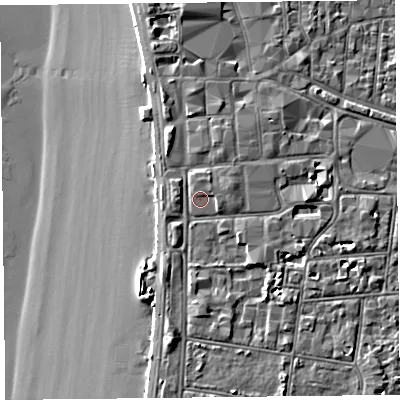Shaded relief map of the ground around BS231AY, computed from Environment Agency LiDAR. The ground here sits at about 8 m above sea level and falls 9 m across the surrounding 800 m. Surface water reaching this point runs off ground lying to the south-south-east, 2.0 m higher.