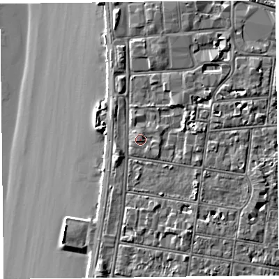 Shaded relief map of the ground around BS231BA, computed from Environment Agency LiDAR. The ground here sits at about 9 m above sea level and falls 9 m across the surrounding 800 m. Surface water reaching this point runs off ground lying to the south-east, 0.8 m higher.