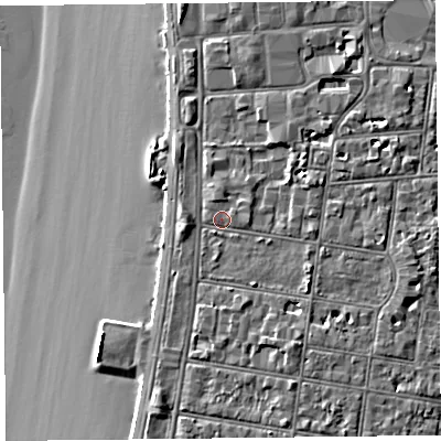 Shaded relief map of the ground around BS231BD, computed from Environment Agency LiDAR. The ground here sits at about 8 m above sea level and falls 9 m across the surrounding 800 m. Surface water reaching this point runs off ground lying to the east-south-east, 1.9 m higher.