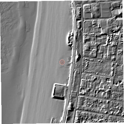 Shaded relief map of the ground around BS231BE, computed from Environment Agency LiDAR. The ground here sits at about 6 m above sea level and falls 10 m across the surrounding 800 m. Surface water reaching this point runs off ground lying to the east-south-east, 2.1 m higher.