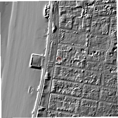 Shaded relief map of the ground around BS231BG, computed from Environment Agency LiDAR. The ground here sits at about 8 m above sea level and falls 9 m across the surrounding 800 m. Surface water reaching this point runs off ground lying to the east, 2.0 m higher.