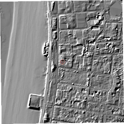 Shaded relief map of the ground around BS231BT, computed from Environment Agency LiDAR. The ground here sits at about 9 m above sea level and falls 9 m across the surrounding 800 m. Surface water reaching this point runs off ground lying to the south-east, 2.3 m higher.