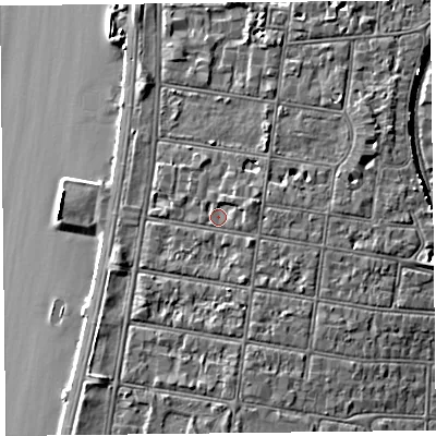 Shaded relief map of the ground around BS231DA, computed from Environment Agency LiDAR. The ground here sits at about 9 m above sea level and falls 8 m across the surrounding 800 m. Surface water reaching this point runs off ground lying to the east-north-east, 1.5 m higher.