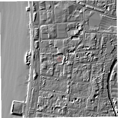 Shaded relief map of the ground around BS231DH, computed from Environment Agency LiDAR. The ground here sits at about 8 m above sea level and falls 8 m across the surrounding 800 m. Surface water reaching this point runs off ground lying to the east-north-east, 1.4 m higher.