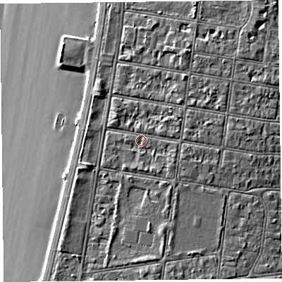 Shaded relief map of the ground around BS231DN, computed from Environment Agency LiDAR. The ground here sits at about 8 m above sea level and falls 8 m across the surrounding 800 m. Surface water reaching this point runs off ground lying to the east-south-east, 1.3 m higher.