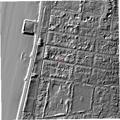Shaded relief map of the ground around BS231DW, computed from Environment Agency LiDAR. The ground here sits at about 9 m above sea level and falls 8 m across the surrounding 800 m. Surface water reaching this point runs off ground lying to the east-south-east, 1.3 m higher.