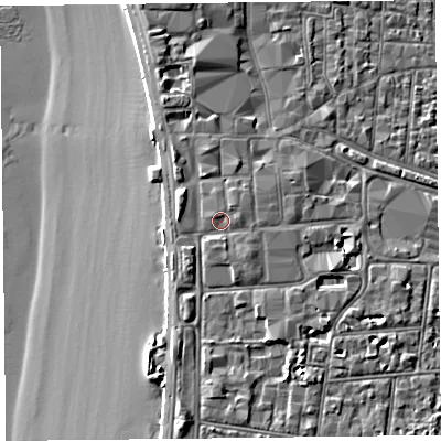 Shaded relief map of the ground around BS231FE, computed from Environment Agency LiDAR. The ground here sits at about 8 m above sea level and falls 9 m across the surrounding 800 m. Surface water reaching this point runs off ground lying to the south-east, 1.0 m higher.