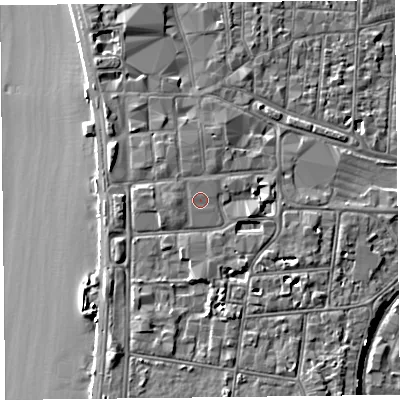 Shaded relief map of the ground around BS231FF, computed from Environment Agency LiDAR. The ground here sits at about 9 m above sea level and falls 8 m across the surrounding 800 m. Surface water reaching this point runs off ground lying to the west, 0.6 m higher.