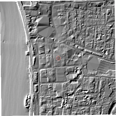 Shaded relief map of the ground around BS231HA, computed from Environment Agency LiDAR. The ground here sits at about 9 m above sea level and falls 8 m across the surrounding 800 m. The ground contributing surface water to this point lies to the south-south-west.