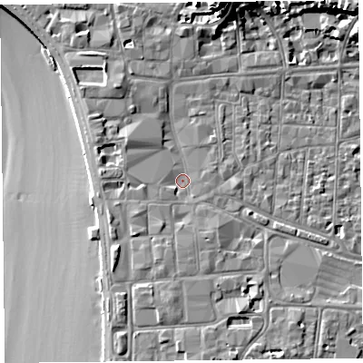 Shaded relief map of the ground around BS231HD, computed from Environment Agency LiDAR. The ground here sits at about 8 m above sea level and falls 19 m across the surrounding 800 m. Surface water reaching this point runs off ground lying to the south-south-west, 1.8 m higher.