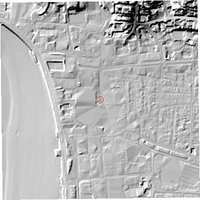 Shaded relief map of the ground around BS231HE, computed from Environment Agency LiDAR. The ground here sits at about 7 m above sea level and falls 33 m across the surrounding 800 m. Surface water reaching this point runs off ground lying to the west, 2.3 m higher.