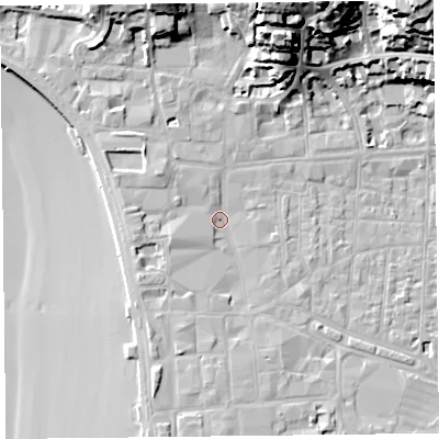 Shaded relief map of the ground around BS231HJ, computed from Environment Agency LiDAR. The ground here sits at about 7 m above sea level and falls 36 m across the surrounding 800 m. Surface water reaching this point runs off ground lying to the north-west, 3.0 m higher.