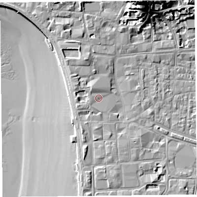 Shaded relief map of the ground around BS231HL, computed from Environment Agency LiDAR. The ground here sits at about 8 m above sea level and falls 25 m across the surrounding 800 m. Surface water reaching this point runs off ground lying to the south-west, 0.8 m higher.