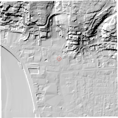 Shaded relief map of the ground around BS231HN, computed from Environment Agency LiDAR. The ground here sits at about 8 m above sea level and falls 42 m across the surrounding 800 m. Surface water reaching this point runs off ground lying to the north-north-east, 34.6 m higher.