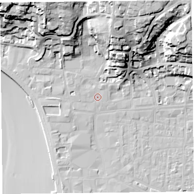 Shaded relief map of the ground around BS231HP, computed from Environment Agency LiDAR. The ground here sits at about 8 m above sea level and falls 40 m across the surrounding 800 m. Surface water reaching this point runs off ground lying to the north-north-east, 33.7 m higher.