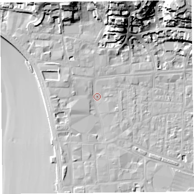 Shaded relief map of the ground around BS231HS, computed from Environment Agency LiDAR. The ground here sits at about 7 m above sea level and falls 36 m across the surrounding 800 m. Surface water reaching this point runs off ground lying to the west-north-west, 3.2 m higher.