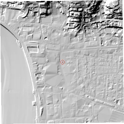 Shaded relief map of the ground around BS231HU, computed from Environment Agency LiDAR. The ground here sits at about 7 m above sea level and falls 36 m across the surrounding 800 m. Surface water reaching this point runs off ground lying to the west-north-west, 3.2 m higher.