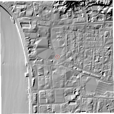 Shaded relief map of the ground around BS231JA, computed from Environment Agency LiDAR. The ground here sits at about 8 m above sea level and falls 18 m across the surrounding 800 m. Surface water reaching this point runs off ground lying to the south-south-west, 1.8 m higher.