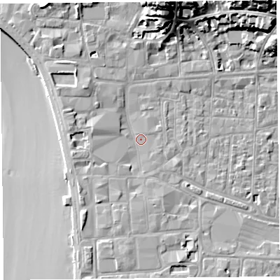 Shaded relief map of the ground around BS231JB, computed from Environment Agency LiDAR. The ground here sits at about 7 m above sea level and falls 27 m across the surrounding 800 m. Surface water reaching this point runs off ground lying to the west-north-west, 2.1 m higher.