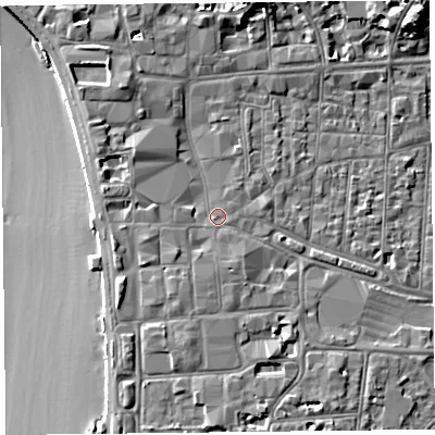 Shaded relief map of the ground around BS231JE, computed from Environment Agency LiDAR. The ground here sits at about 8 m above sea level and falls 12 m across the surrounding 800 m. Surface water reaching this point runs off ground lying to the south-west, 1.5 m higher.