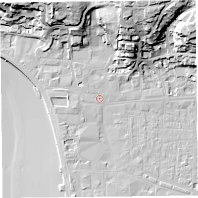 Shaded relief map of the ground around BS231JL, computed from Environment Agency LiDAR. The ground here sits at about 8 m above sea level and falls 39 m across the surrounding 800 m. Surface water reaching this point runs off ground lying to the north-north-east, 31.1 m higher.