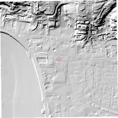Shaded relief map of the ground around BS231JN, computed from Environment Agency LiDAR. The ground here sits at about 8 m above sea level and falls 39 m across the surrounding 800 m. Surface water reaching this point runs off ground lying to the west, 3.3 m higher.