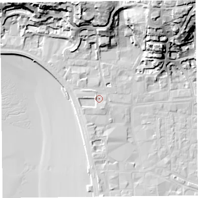 Shaded relief map of the ground around BS231JP, computed from Environment Agency LiDAR. The ground here sits at about 9 m above sea level and falls 39 m across the surrounding 800 m. Surface water reaching this point runs off ground lying to the west-south-west, 2.3 m higher.