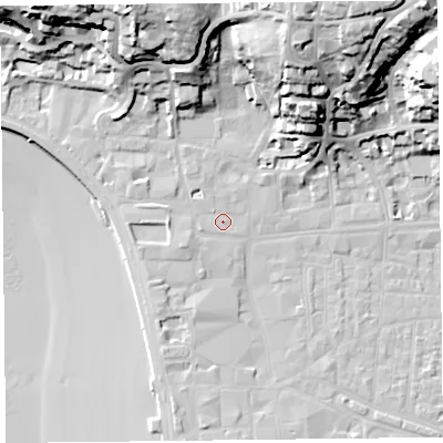 Shaded relief map of the ground around BS231JR, computed from Environment Agency LiDAR. The ground here sits at about 8 m above sea level and falls 39 m across the surrounding 800 m. Surface water reaching this point runs off ground lying to the west, 3.3 m higher.