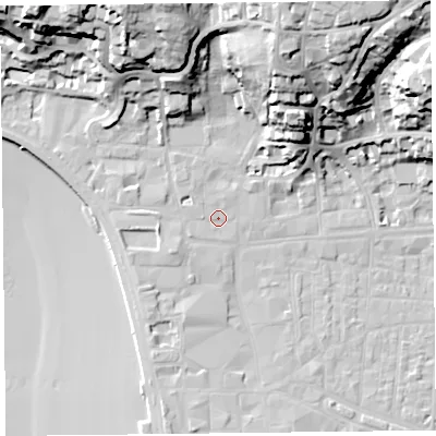 Shaded relief map of the ground around BS231JT, computed from Environment Agency LiDAR. The ground here sits at about 8 m above sea level and falls 40 m across the surrounding 800 m. Surface water reaching this point runs off ground lying to the west-south-west, 3.3 m higher.