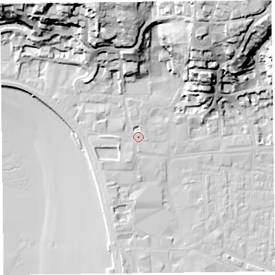 Shaded relief map of the ground around BS231JU, computed from Environment Agency LiDAR. The ground here sits at about 8 m above sea level and falls 40 m across the surrounding 800 m. Surface water reaching this point runs off ground lying to the west-south-west, 2.4 m higher.