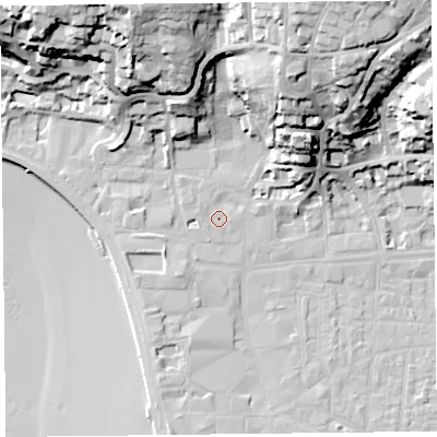 Shaded relief map of the ground around BS231JY, computed from Environment Agency LiDAR. The ground here sits at about 8 m above sea level and falls 42 m across the surrounding 800 m. Surface water reaching this point runs off ground lying to the west-north-west, 1.5 m higher.
