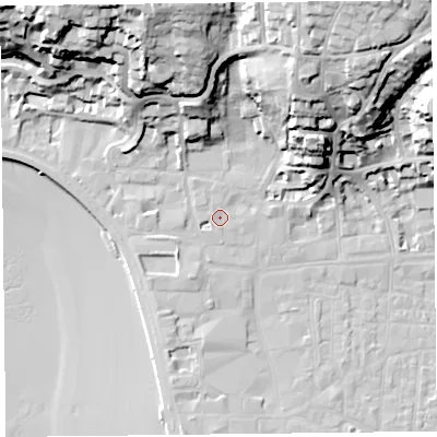 Shaded relief map of the ground around BS231JZ, computed from Environment Agency LiDAR. The ground here sits at about 8 m above sea level and falls 42 m across the surrounding 800 m. Surface water reaching this point runs off ground lying to the north-west, 1.5 m higher.