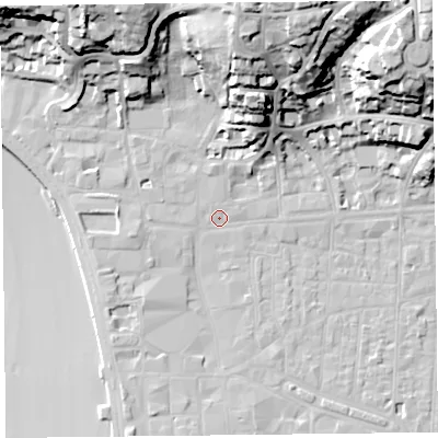 Shaded relief map of the ground around BS231LA, computed from Environment Agency LiDAR. The ground here sits at about 7 m above sea level and falls 38 m across the surrounding 800 m. Surface water reaching this point runs off ground lying to the north, 30.8 m higher.