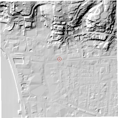 Shaded relief map of the ground around BS231LF, computed from Environment Agency LiDAR. The ground here sits at about 7 m above sea level and falls 37 m across the surrounding 800 m. Surface water reaching this point runs off ground lying to the north, 31.1 m higher.