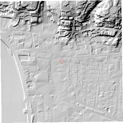 Shaded relief map of the ground around BS231LG, computed from Environment Agency LiDAR. The ground here sits at about 7 m above sea level and falls 36 m across the surrounding 800 m. Surface water reaching this point runs off ground lying to the north, 29.4 m higher.