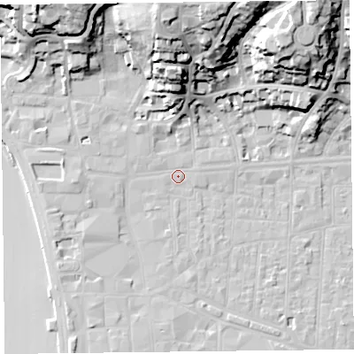 Shaded relief map of the ground around BS231LN, computed from Environment Agency LiDAR. The ground here sits at about 7 m above sea level and falls 36 m across the surrounding 800 m. Surface water reaching this point runs off ground lying to the north-north-east, 32.1 m higher.