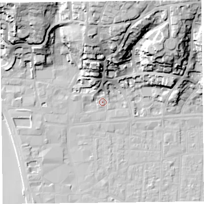 Shaded relief map of the ground around BS231LS, computed from Environment Agency LiDAR. The ground here sits at about 8 m above sea level and falls 39 m across the surrounding 800 m. Surface water reaching this point runs off ground lying to the north, 17.0 m higher.