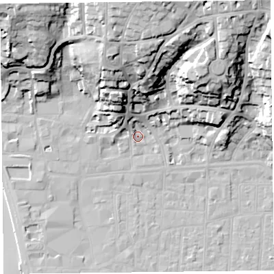Shaded relief map of the ground around BS231LT, computed from Environment Agency LiDAR. The ground here sits at about 7 m above sea level and falls 40 m across the surrounding 800 m. Surface water reaching this point runs off ground lying to the north, 38.3 m higher.