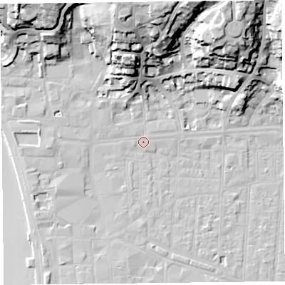 Shaded relief map of the ground around BS231LW, computed from Environment Agency LiDAR. The ground here sits at about 7 m above sea level and falls 35 m across the surrounding 800 m. Surface water reaching this point runs off ground lying to the north, 32.1 m higher.