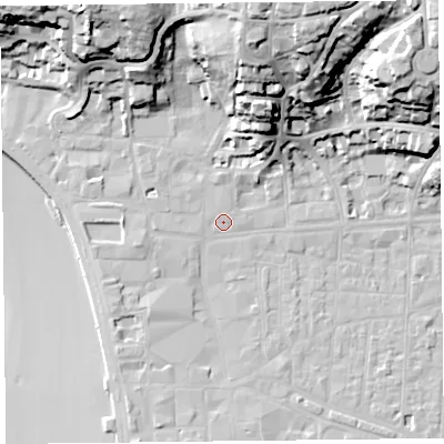 Shaded relief map of the ground around BS231LY, computed from Environment Agency LiDAR. The ground here sits at about 7 m above sea level and falls 38 m across the surrounding 800 m. Surface water reaching this point runs off ground lying to the north, 31.3 m higher.