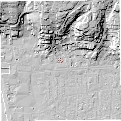Shaded relief map of the ground around BS231LZ, computed from Environment Agency LiDAR. The ground here sits at about 7 m above sea level and falls 39 m across the surrounding 800 m. Surface water reaching this point runs off ground lying to the north, 36.2 m higher.