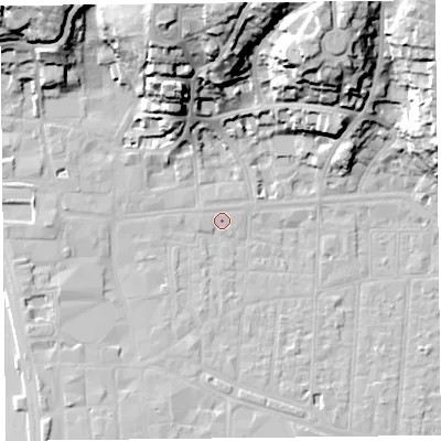Shaded relief map of the ground around BS231NA, computed from Environment Agency LiDAR. The ground here sits at about 7 m above sea level and falls 34 m across the surrounding 800 m. Surface water reaching this point runs off ground lying to the north, 32.2 m higher.