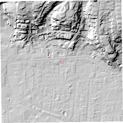 Shaded relief map of the ground around BS231NF, computed from Environment Agency LiDAR. The ground here sits at about 6 m above sea level and falls 39 m across the surrounding 800 m. Surface water reaching this point runs off ground lying to the north, 34.2 m higher.