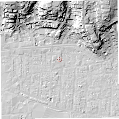 Shaded relief map of the ground around BS231NG, computed from Environment Agency LiDAR. The ground here sits at about 6 m above sea level and falls 34 m across the surrounding 800 m. Surface water reaching this point runs off ground lying to the west, 0.6 m higher.