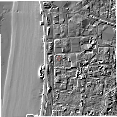 Shaded relief map of the ground around BS231NJ, computed from Environment Agency LiDAR. The ground here sits at about 8 m above sea level and falls 9 m across the surrounding 800 m. Surface water reaching this point runs off ground lying to the east-south-east, 1.4 m higher.