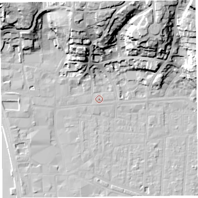 Shaded relief map of the ground around BS231NN, computed from Environment Agency LiDAR. The ground here sits at about 7 m above sea level and falls 39 m across the surrounding 800 m. Surface water reaching this point runs off ground lying to the north-north-east, 34.3 m higher.
