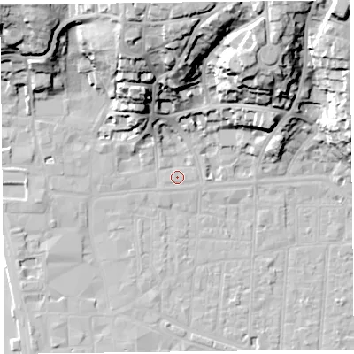Shaded relief map of the ground around BS231NP, computed from Environment Agency LiDAR. The ground here sits at about 7 m above sea level and falls 39 m across the surrounding 800 m. Surface water reaching this point runs off ground lying to the north, 34.4 m higher.