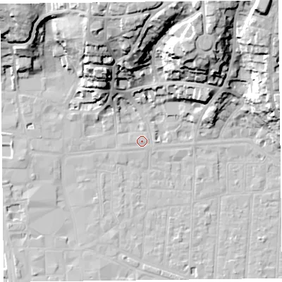 Shaded relief map of the ground around BS231NR, computed from Environment Agency LiDAR. The ground here sits at about 7 m above sea level and falls 39 m across the surrounding 800 m. The ground contributing surface water to this point lies to the west.