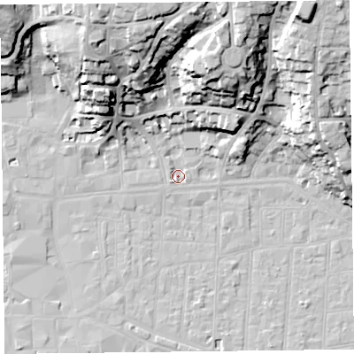 Shaded relief map of the ground around BS231NX, computed from Environment Agency LiDAR. The ground here sits at about 6 m above sea level and falls 39 m across the surrounding 800 m. Surface water reaching this point runs off ground lying to the north-north-east, 34.6 m higher.